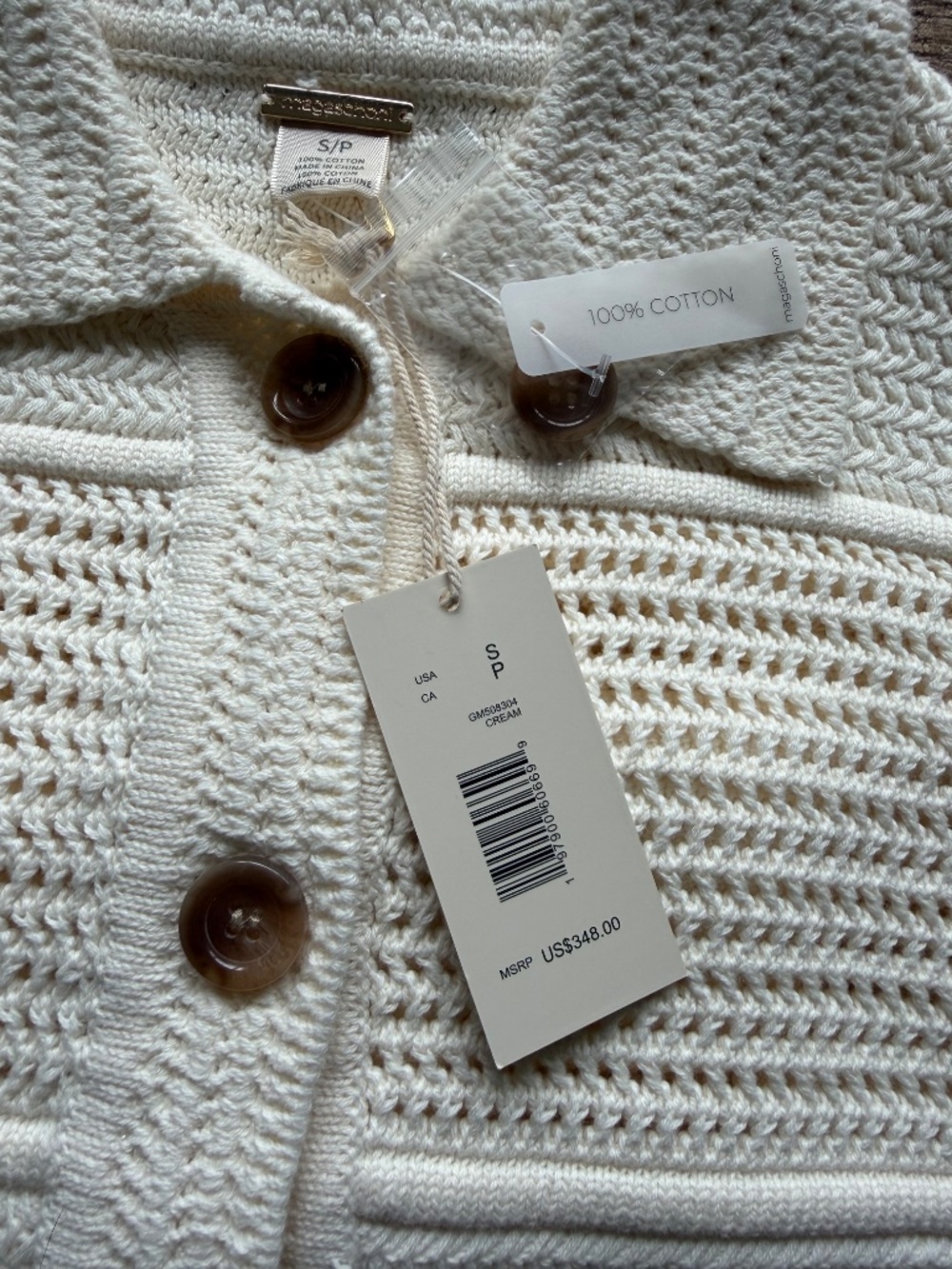 Magaschoni Cotton Open-Knit Cardigan Textured Button Front $348